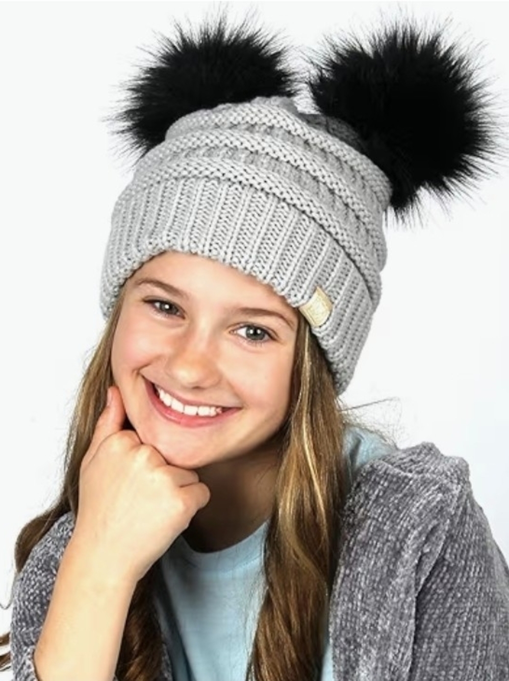 Gray Knit Beanie with Black Pom Poms